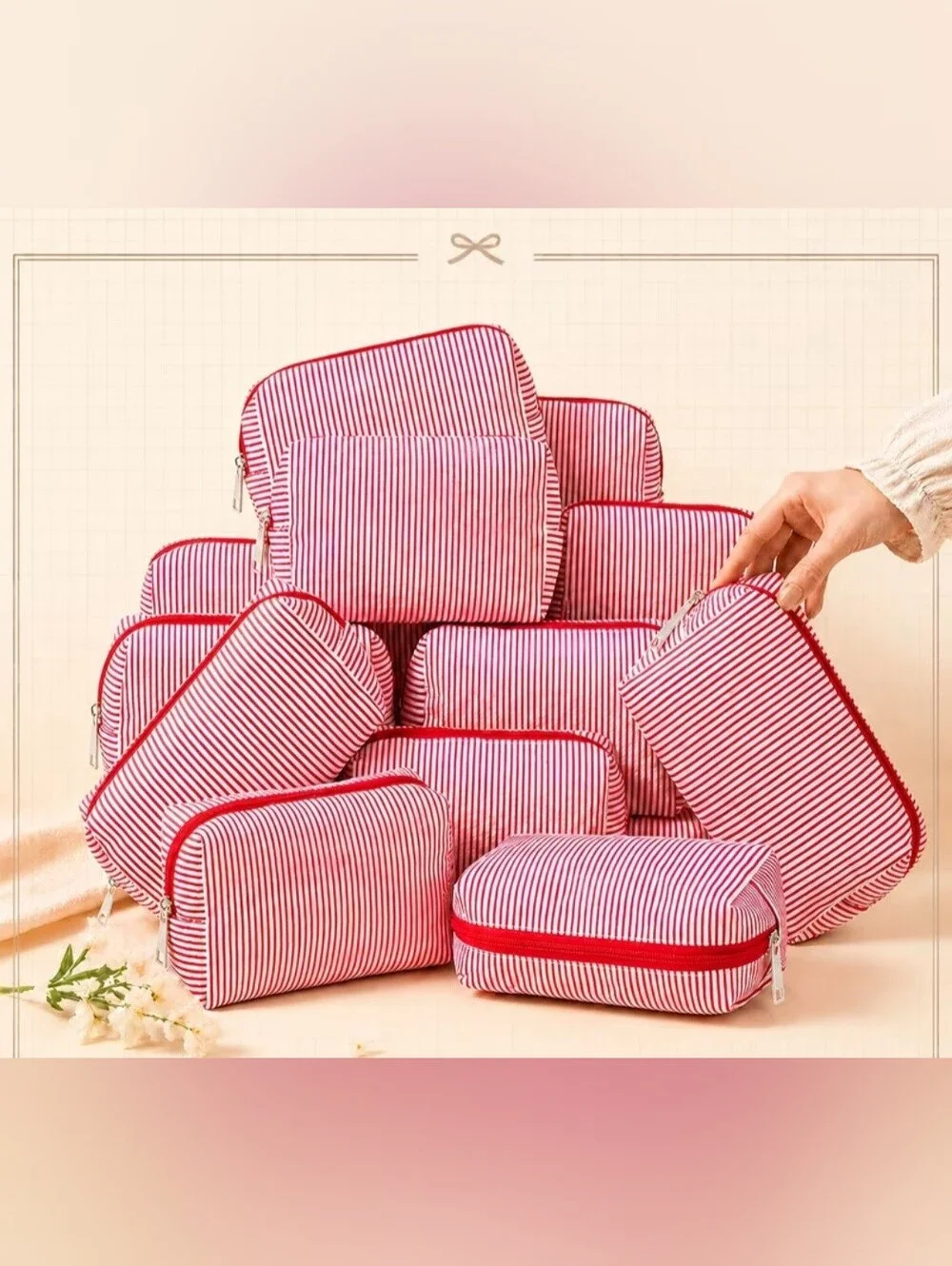 Green Or Red Striped Toiletry/cosmetic Bags Set